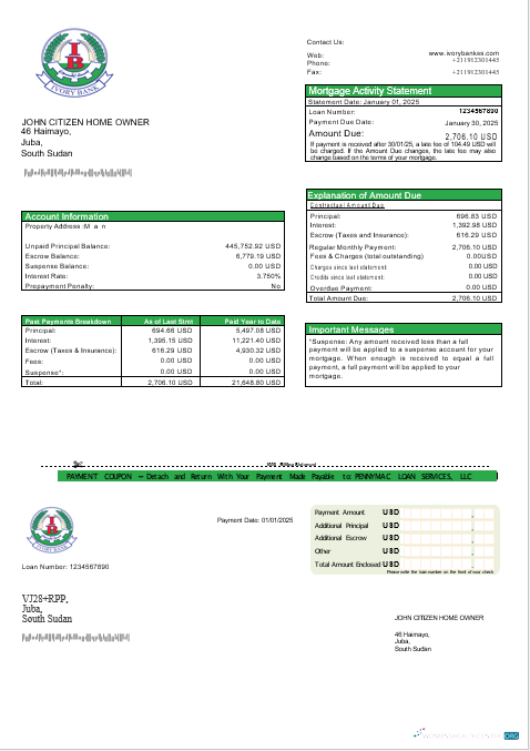 Download South Sudan Ivory bank mortgage statement in Word and PDF formats Photoshop template